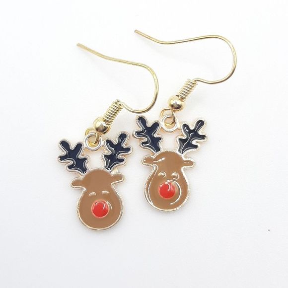Rudolph Reindeer Christmas Red Nose Dangle Earrings French Hooks New - Picture 1 of 3
